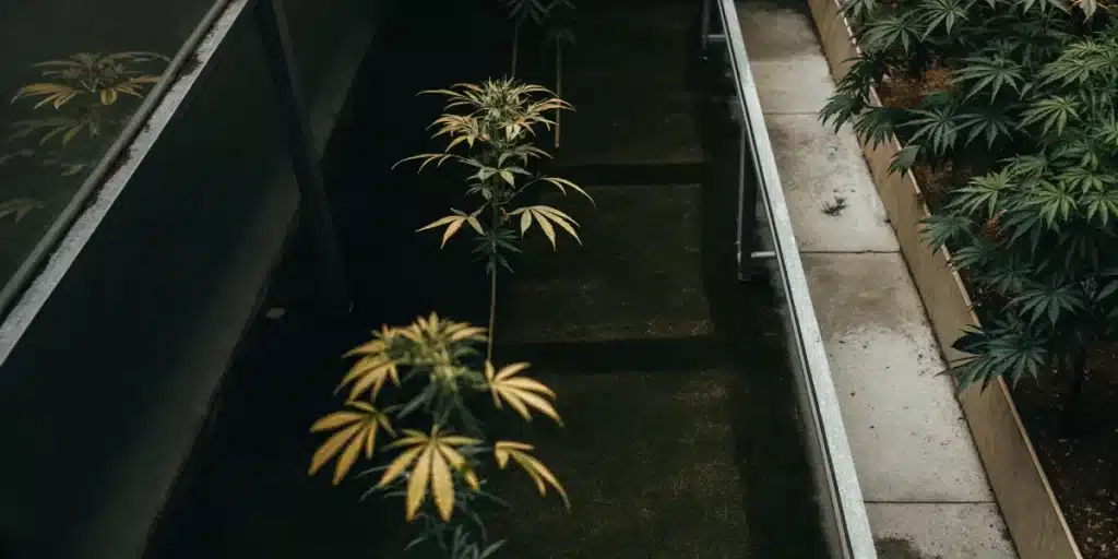 top-down view of a cannabis garden with mixed yellow and green plants under artificial lighting