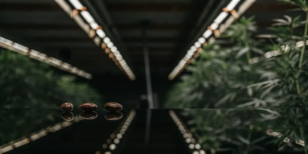 Autoflower cannabis seeds on reflective surface with plants in background.