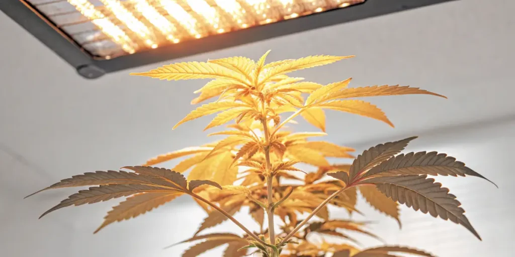 Autoflowering cannabis plant illuminated by warm golden LED lights indoors.