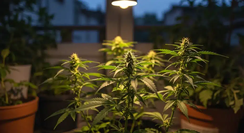 Cannabis plants flowering on balcony at night under grow light.