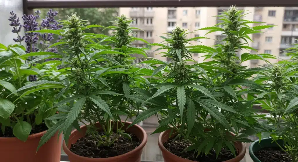 Cannabis plants growing in pots on urban balcony with herbs.
