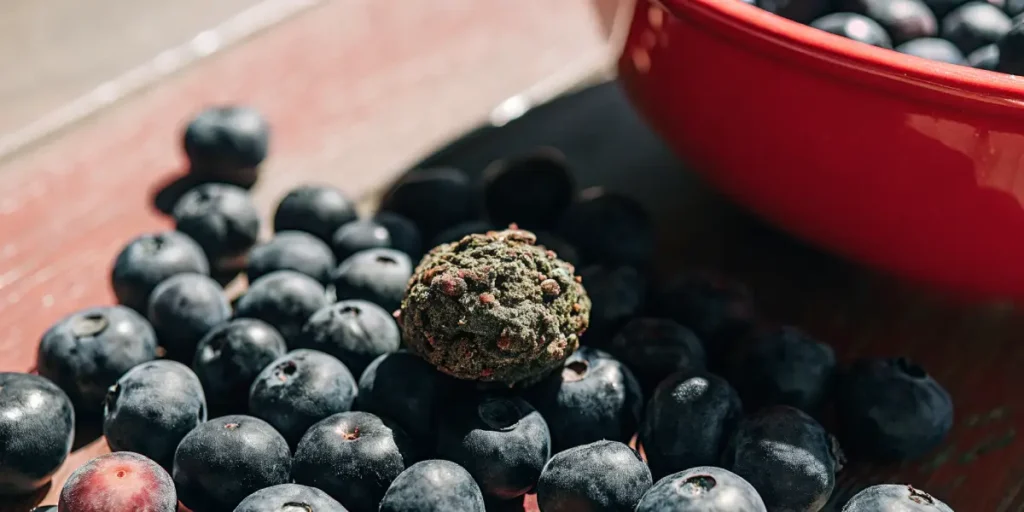 Blueberry-flavor cannabis bud placed among fresh ripe blueberries.