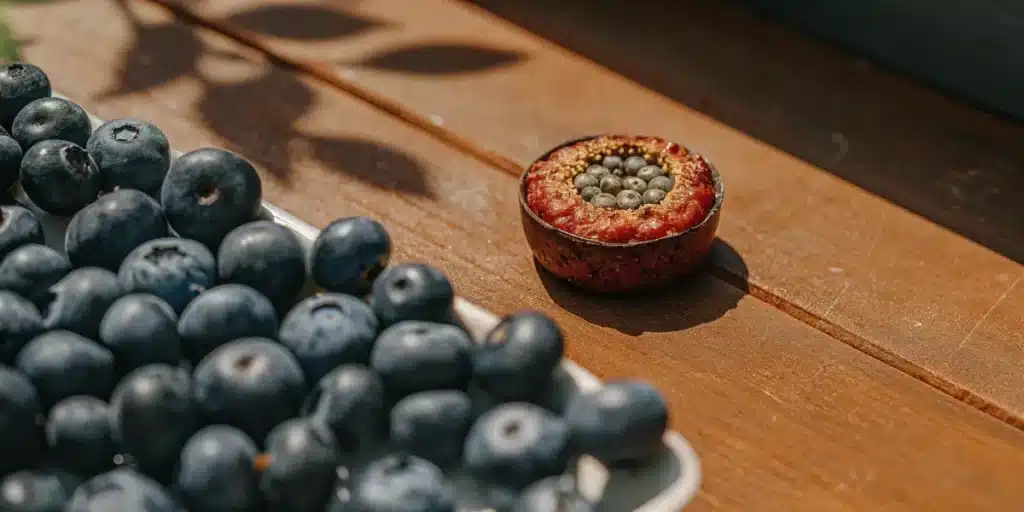 Blueberry tart infused with cannabis flavor beside fresh blueberries.