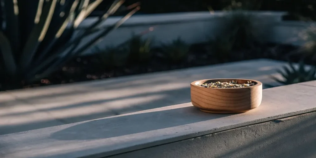 Wooden bowl filled with cannabis seeds on a stone ledge outdoors.