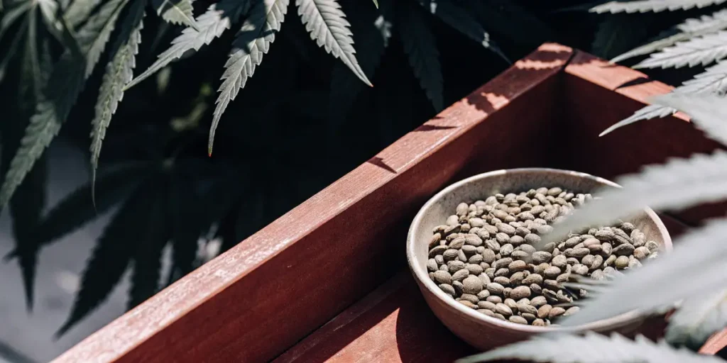 Bowl of feminized cannabis seeds under lush green leaves.