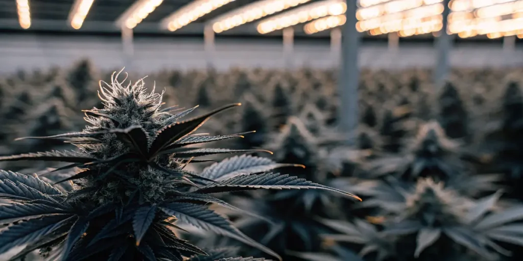 Close-up of a cannabis bud inside an indoor cultivation room under artificial lights.