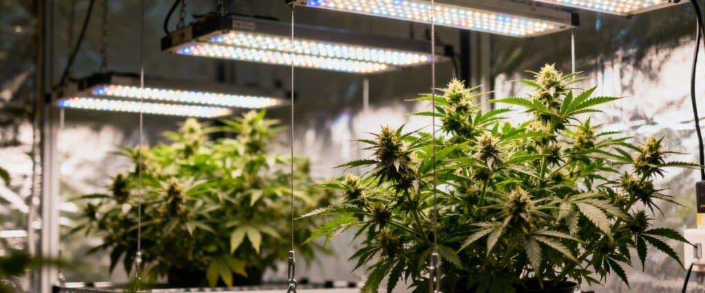 Early flowering cannabis bud with white pistils in indoor grow.