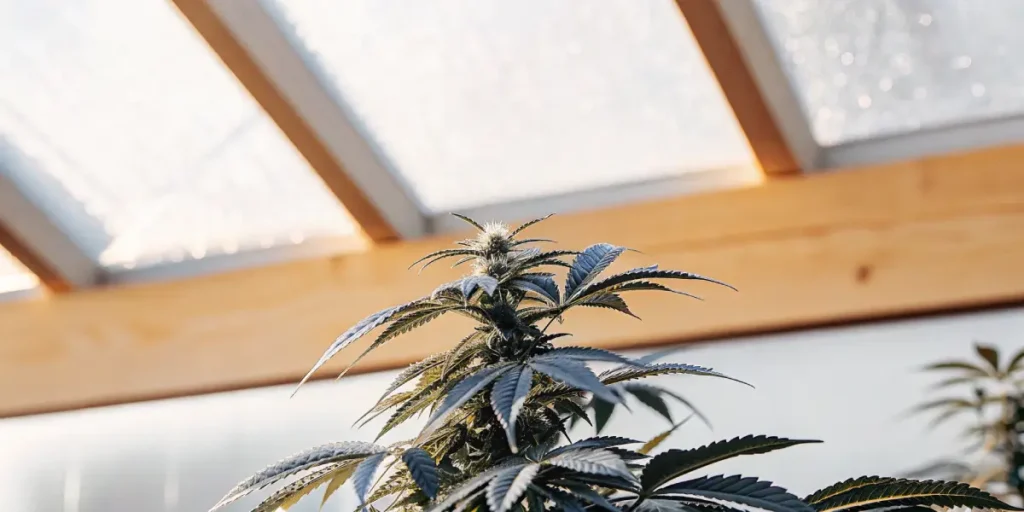 Cannabis plant in flowering stage under natural sunlight inside a greenhouse.