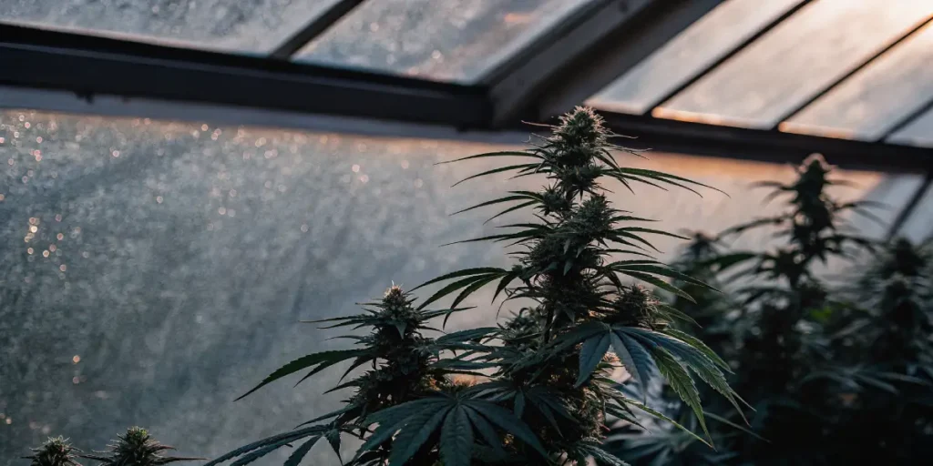 Close-up of a mature cannabis bud inside a greenhouse.