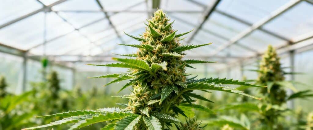 Cannabis bud in greenhouse with moisture droplets on leaves.