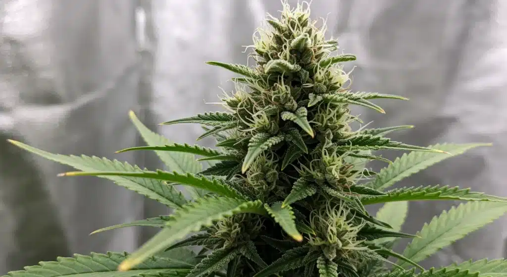 Cannabis-bud-macro-indoor-grow with dense trichomes, green leaves, and white pistils in an indoor cultivation setup.