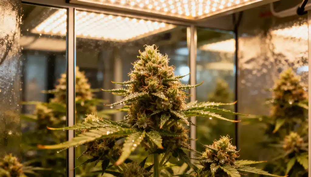 Resin-covered cannabis bud under LED grow light with fresh trichomes.