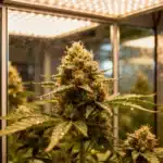 Resin-covered cannabis bud under LED grow light with fresh trichomes.