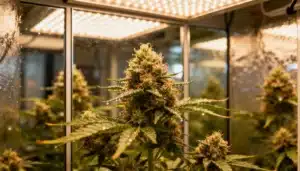 Resin-covered cannabis bud under LED grow light with fresh trichomes.