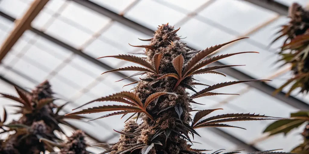 Cannabis bud with purple leaves and frosty trichomes in greenhouse light.