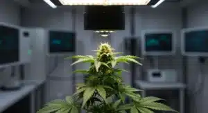 Cannabis bud under lab lighting with pistils and vibrant green leaves.