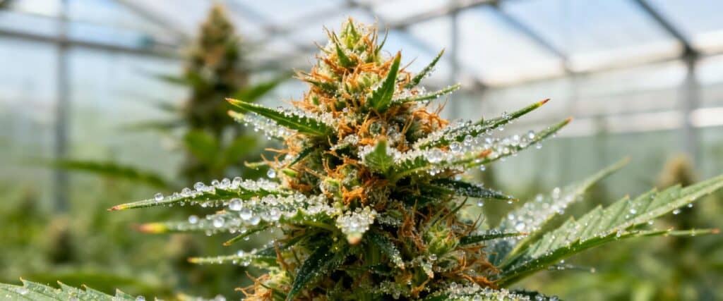 Cannabis bud with water drops and orange pistils inside a greenhouse.