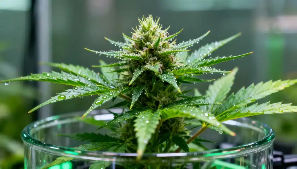 Cannabis bud with water droplets inside a lab glass container.
