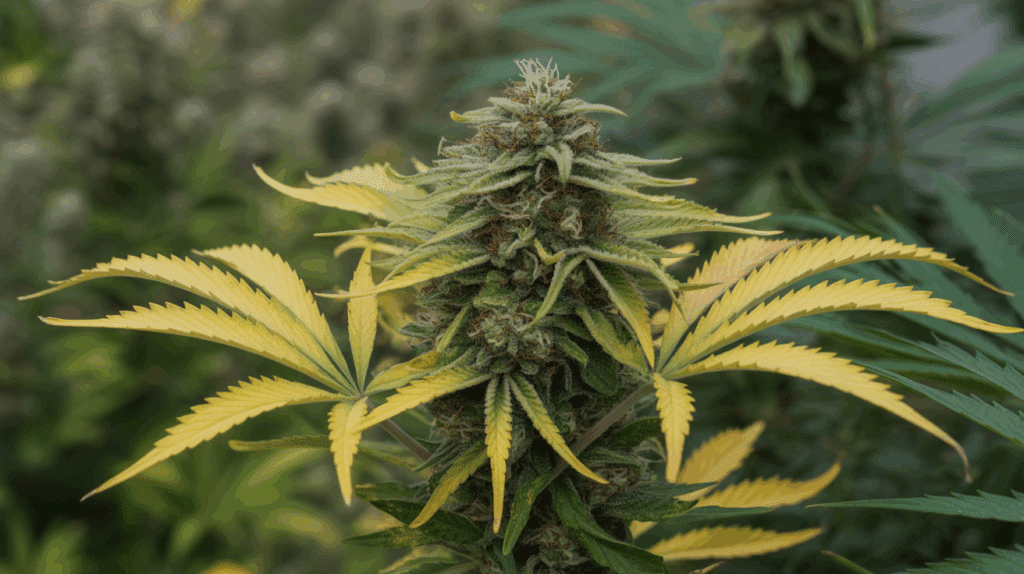 Cannabis bud with yellow leaves and dense orange-pistil flowers.