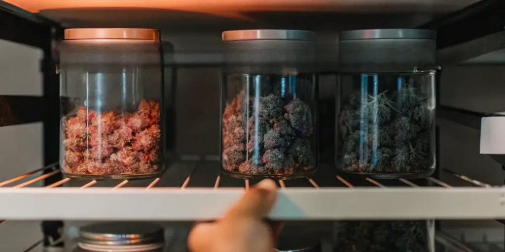 cannabis buds stored in glass jars for curing