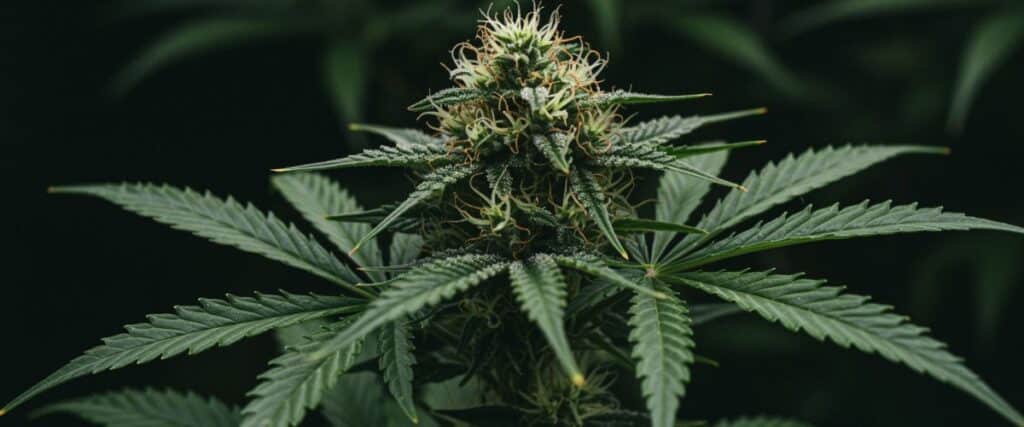 Resinous cannabis cola with frosty trichomes on dark background.