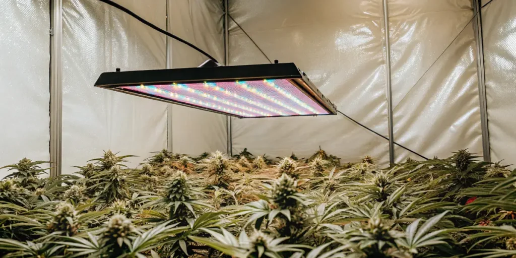 Cannabis cultivation room with dense plants under full-spectrum LED grow light.