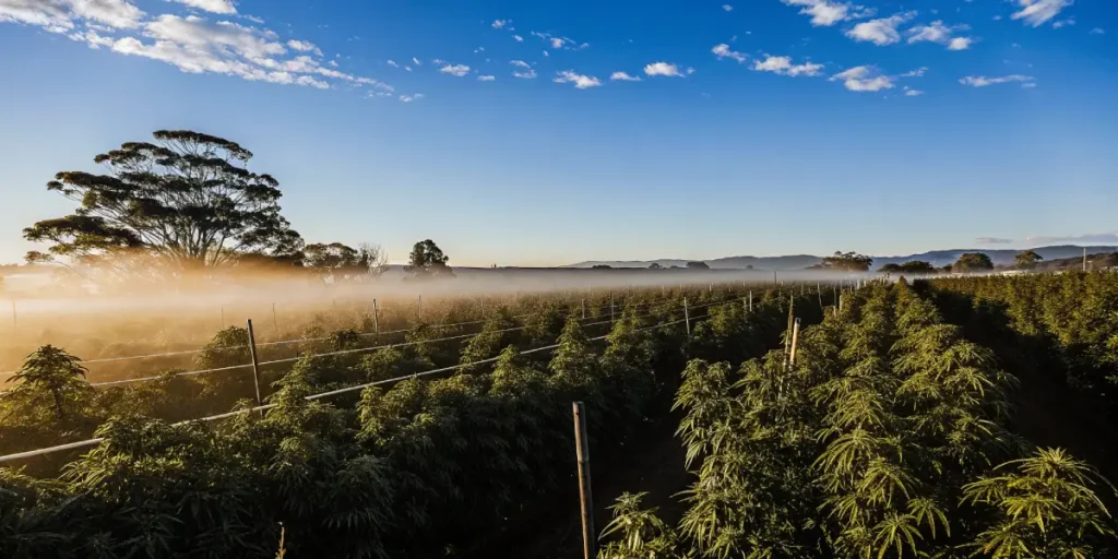 Aerial view of a cannabis farm at dawn with mist and blue sky.