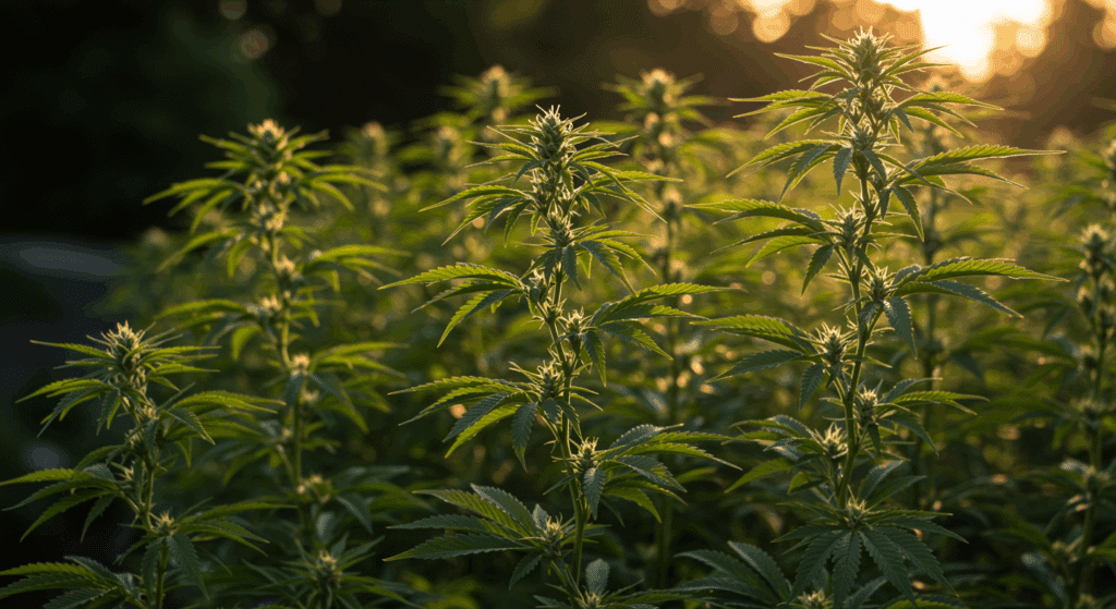 Flowering cannabis plants in a field glowing at golden hour.