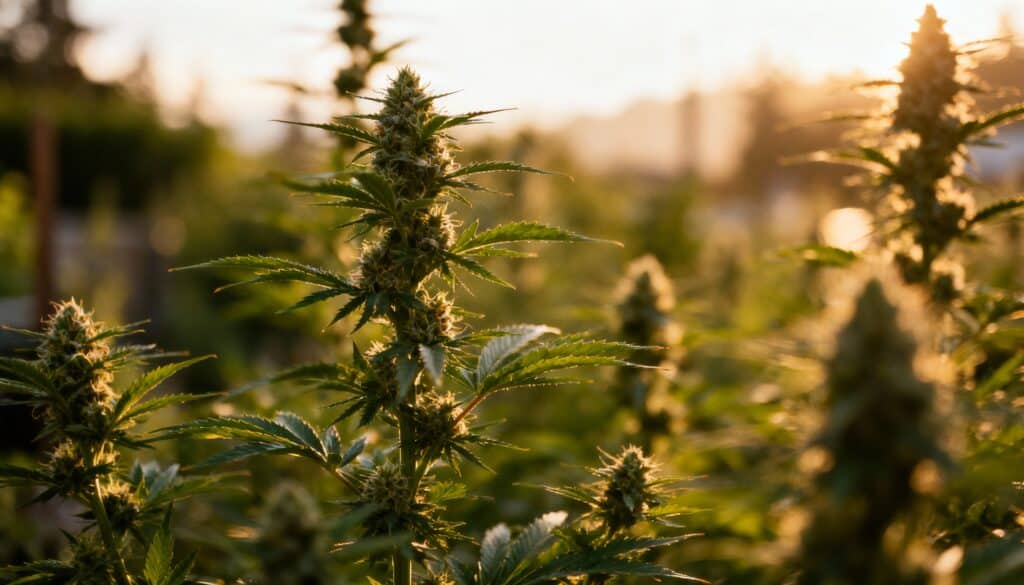 Blooming cannabis colas in a field at warm sunset light.