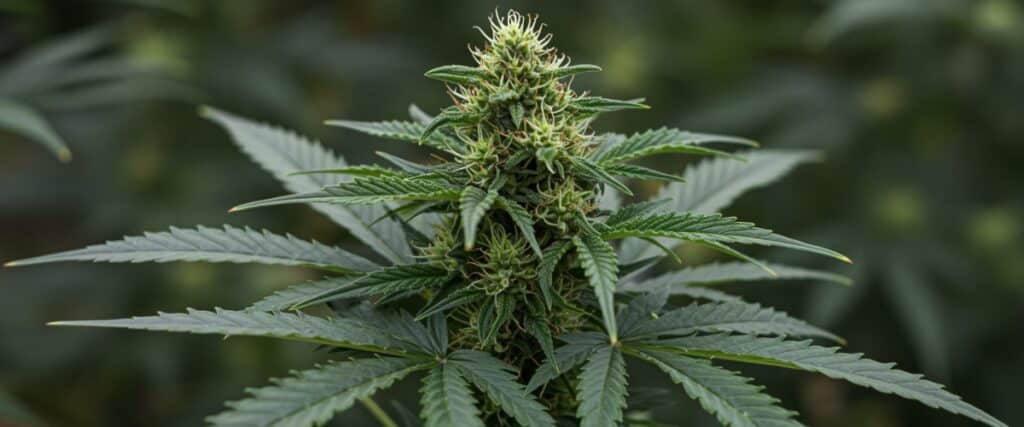 Cannabis flowering bud closeup with dense green leaves and emerging pistils.