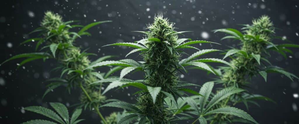 Cannabis flowering cola against dark background with floating particles.