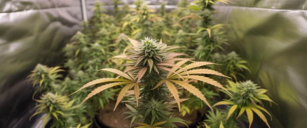 Cannabis flowering plant with colorful leaves and developing cola.