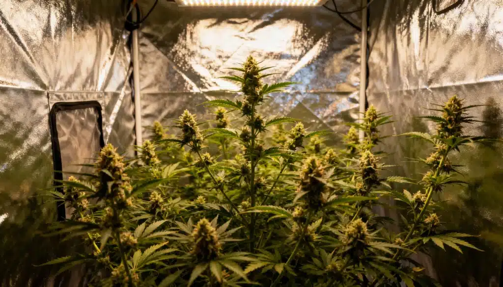 Flowering cannabis plants inside reflective grow tent under LED lighting.