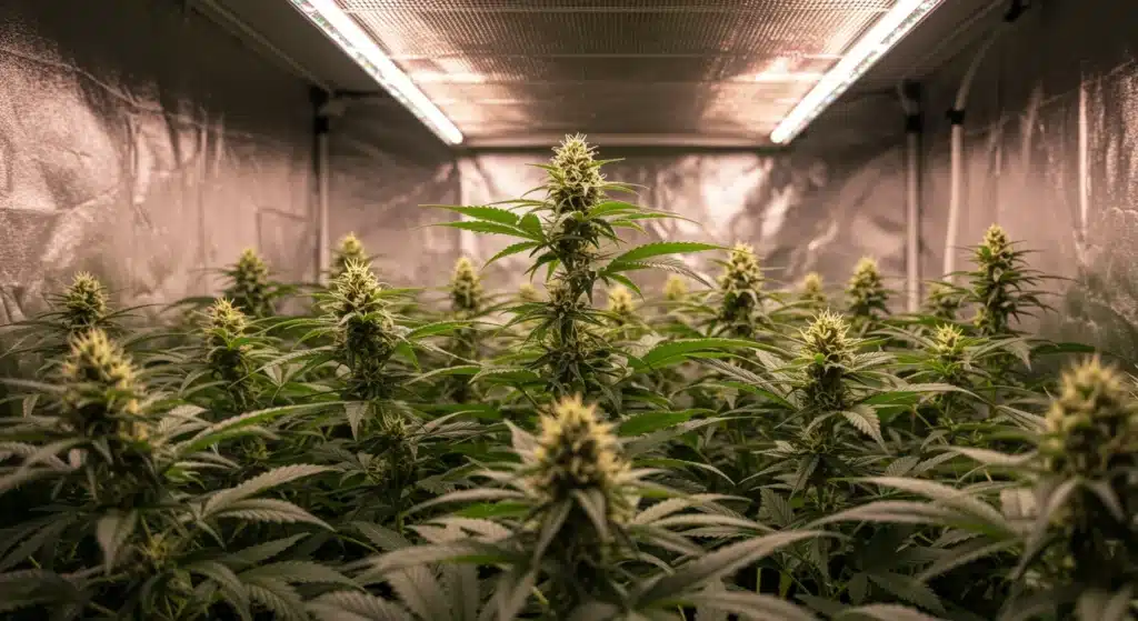 Young cannabis plants growing in pots inside a reflective grow tent.