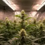 Young cannabis plants growing in pots inside a reflective grow tent.