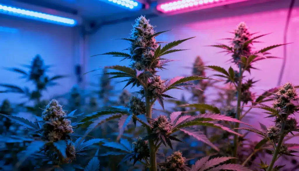 Cannabis-flowering-under-led-grow-lights showing dense buds under blue and pink LEDs.