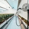 Modern indoor cannabis greenhouse with automated irrigation system and rows of healthy weed plants.