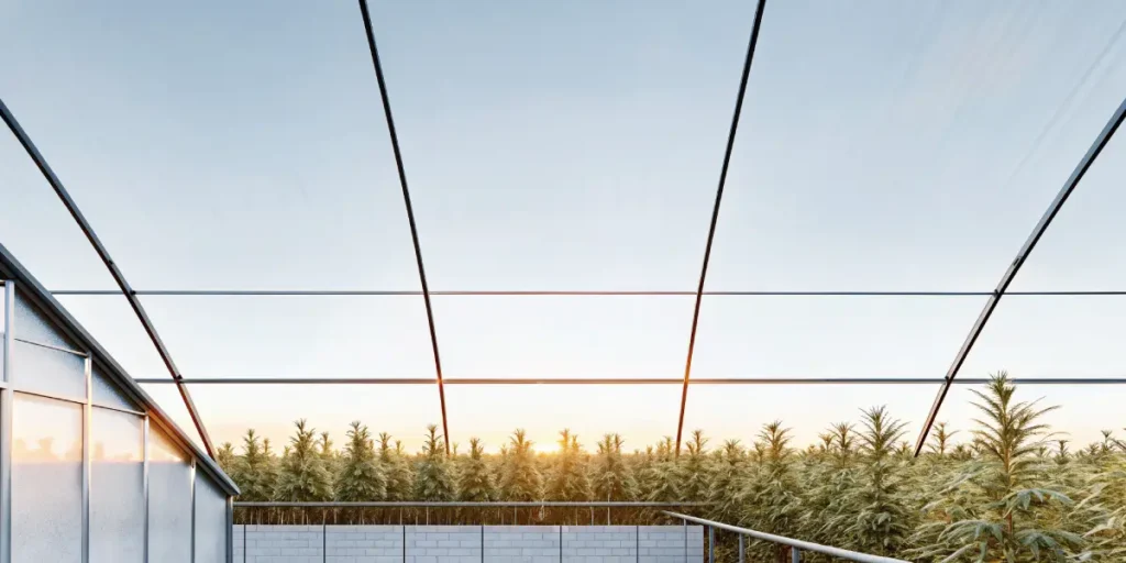 Wide view of a cannabis greenhouse with plants at sunset