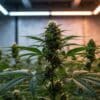 Cannabis grow tent with flowering plants under full-spectrum LED lighting.