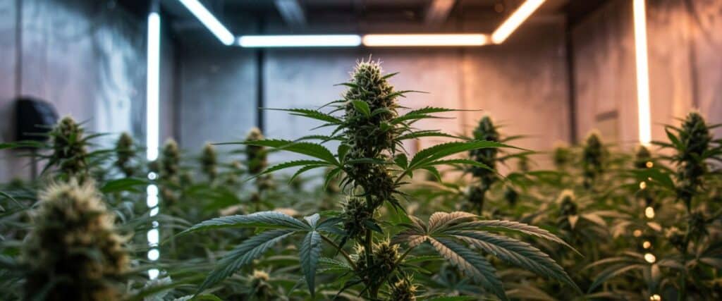 Cannabis grow tent with flowering plants under full-spectrum LED lighting.