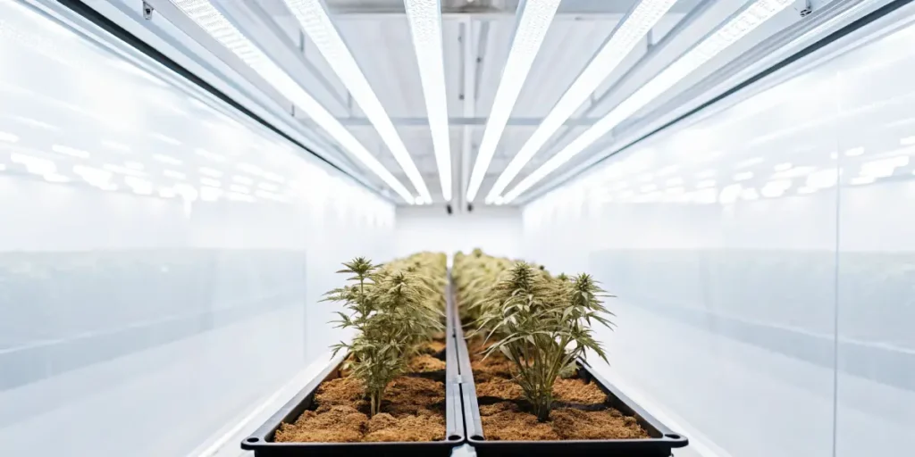 Indoor cannabis hydroponic grow room with artificial lighting.
