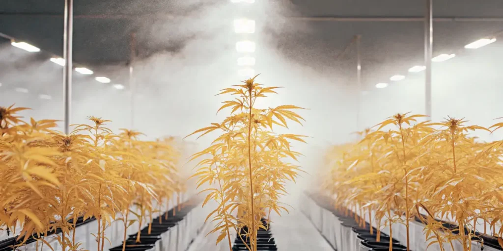 Cannabis plants in an indoor grow room being misted under artificial lights.
