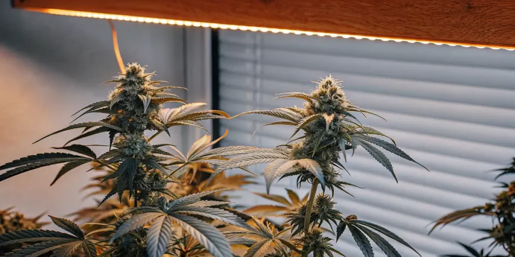 Plantes de cannabis en intรฉrieur sous lampe LED pendant la floraison