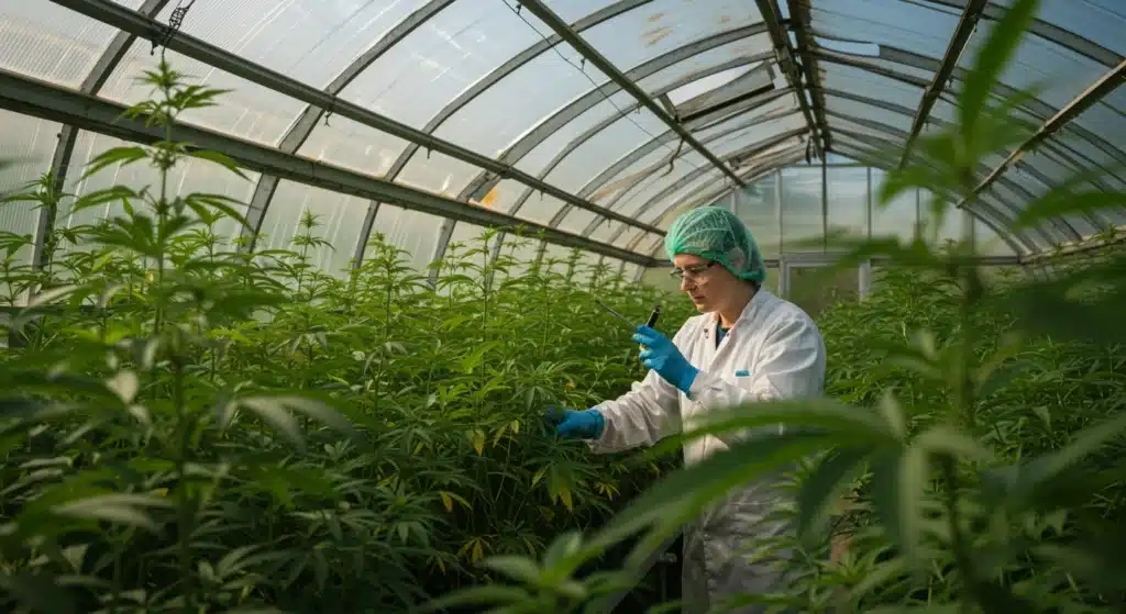 Lab technician analyzing cannabis plants in greenhouse environment.