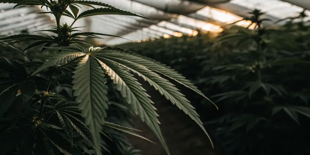 close-up of cannabis leaf inside greenhouse with sunlight in background