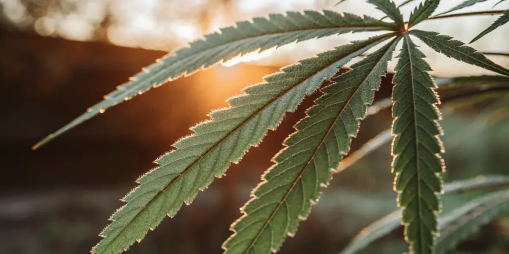 Cannabis leaf close-up glowing with sunlight during golden hour.