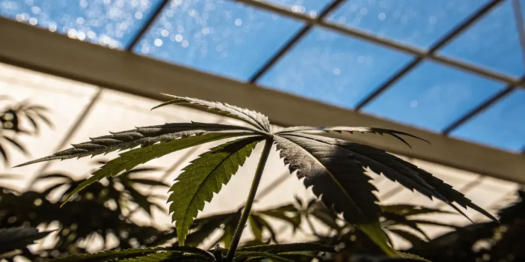 Close-up view of a cannabis leaf with tiny water droplets along its serrated edges.