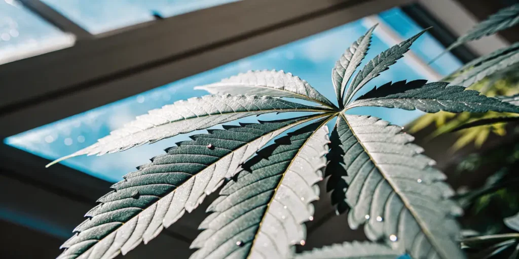 Close-up of a cannabis leaf with visible water droplets under natural light.