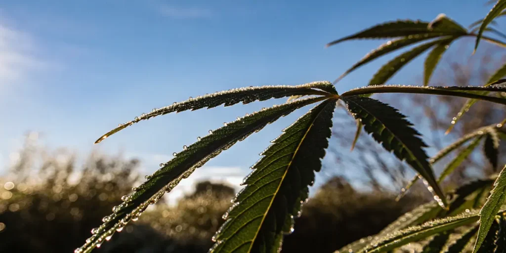 Detailed view of a cannabis leaf with visible dewdrops on its edges.