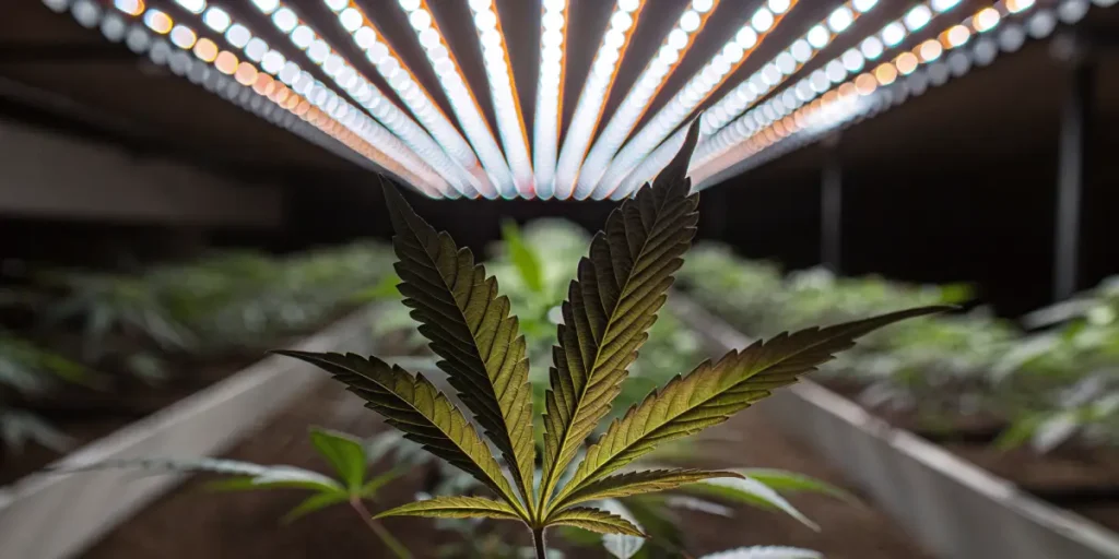 Cannabis leaf lit by LED grow lights in an indoor setup.
